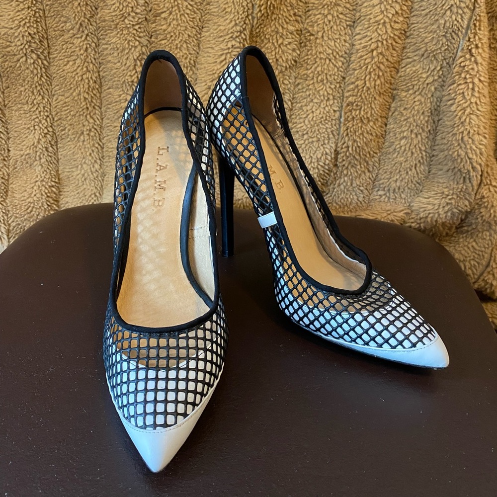L.A.M.B stiletto net pump heels